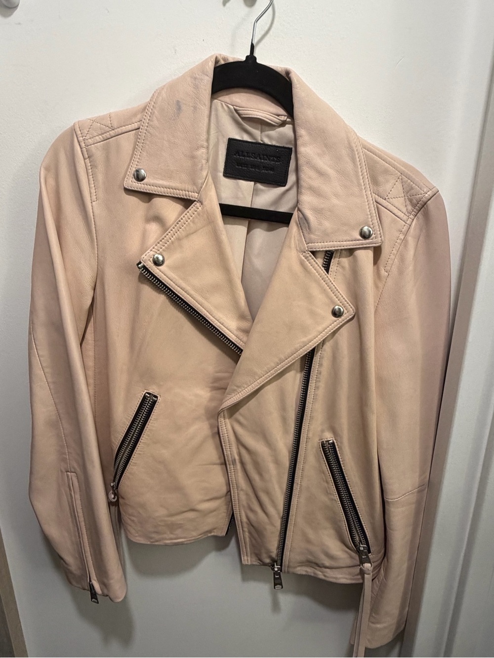 All Saints Dalby Pale Blush Leather Moto Jacket
